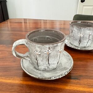Pair Of Hand Made Daisy Coffee Mug Plate Set